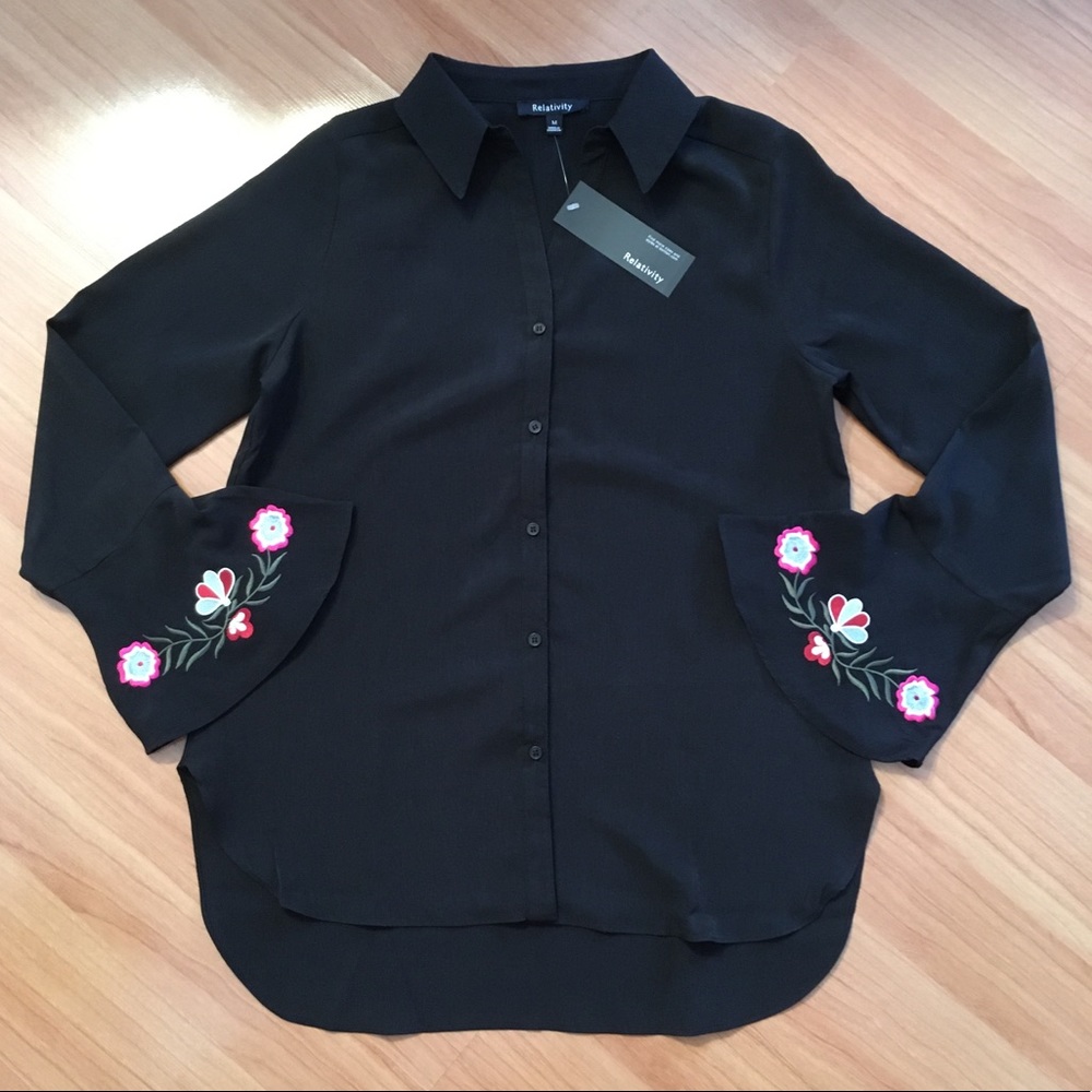 Relativity Embroidered Bell Sleeve Button Down
